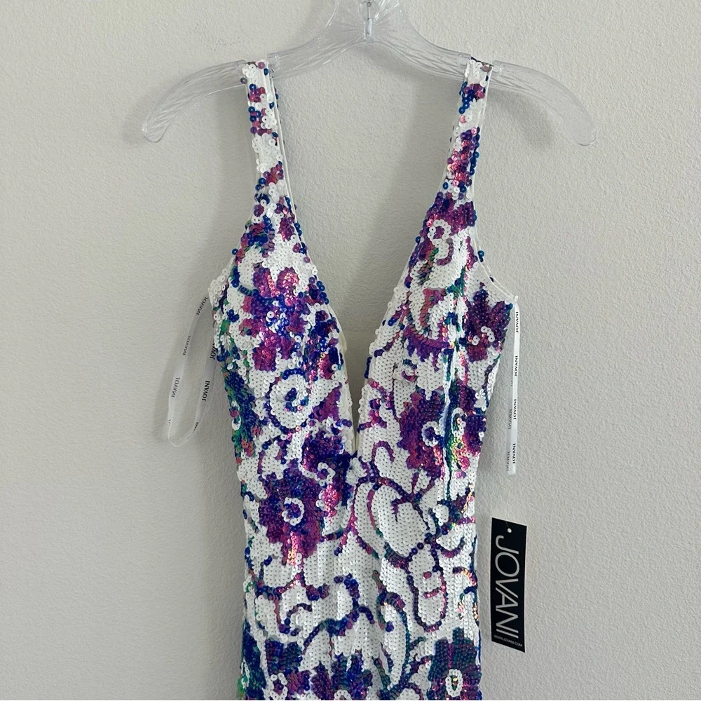 Jovani 08257 Ivory Multi Color Print Purple Sequin Fitted Prom Dress Size: 4 NWT